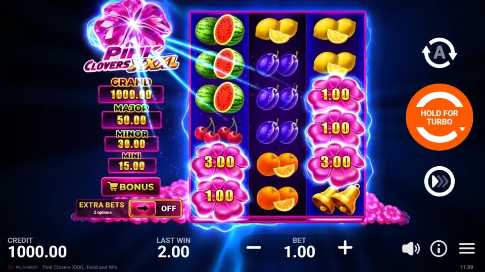 Grille 3x6 de Pink Clovers XXXL avec pastèques, prunes, citrons et trèfles roses à 1,00 et 3,00, et les jackpots affichés à gauche
